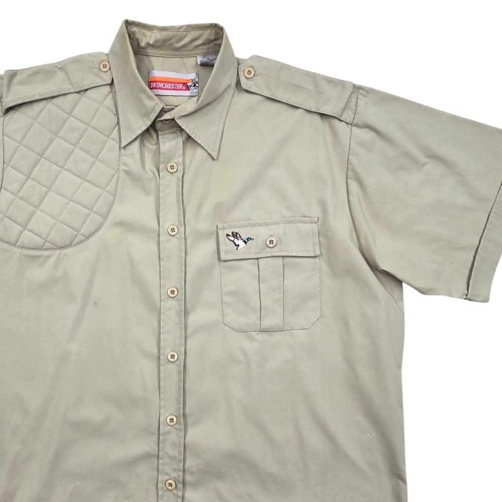 Vintage Winchester Shooting‎ Shirt Short Sleeve Mallard Duck Tan Mens Large